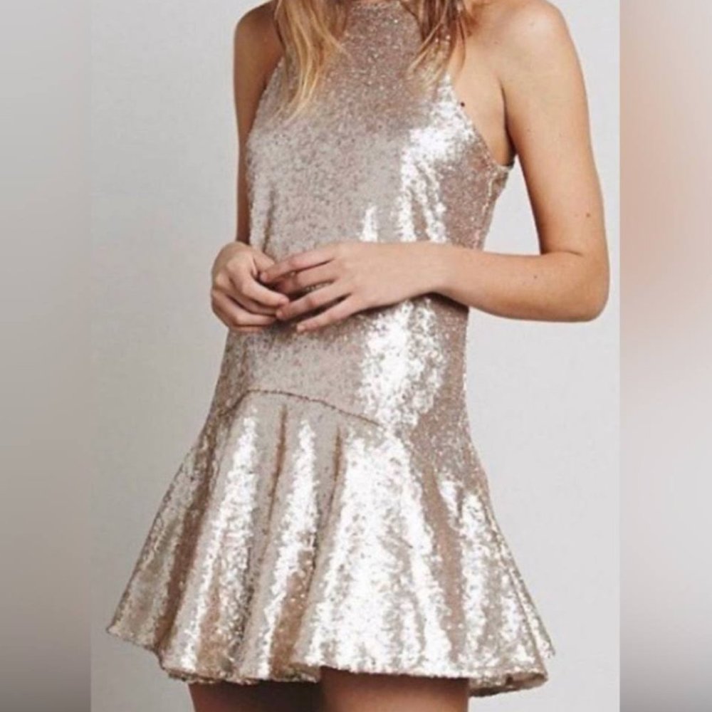 Free People Liquid Shine Gold/Blush Sequin Mini Dress Small